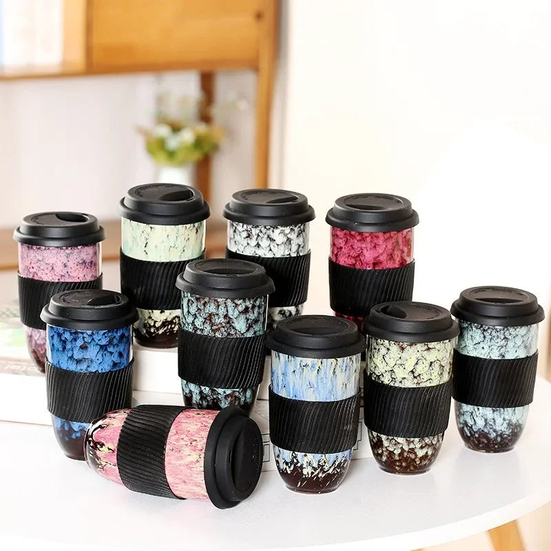 DecorBites™ Ceramic Kiln Mug with Lid - Portable Couple Pottery Coffee Tea Cup