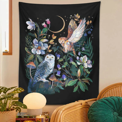 Decobites Owls Night Garden Tapestry Wall Hanging - Psychedelic Moon Magic Plant Flower Tapestries