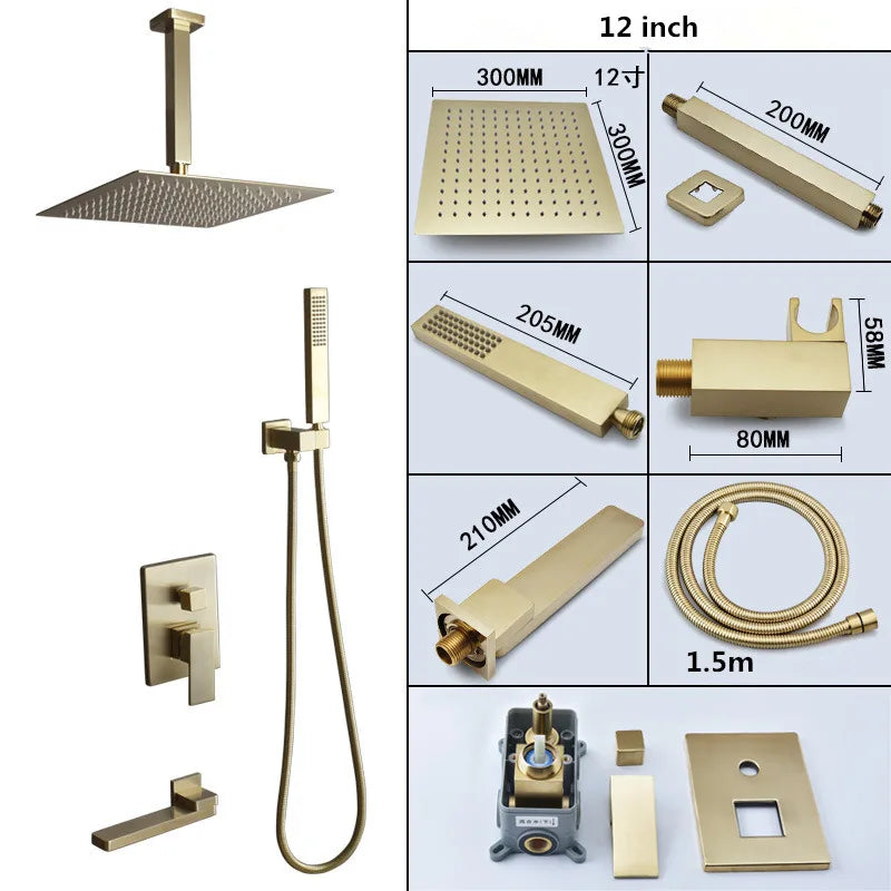 DecorBites™ Brushed Gold In-Wall Shower Set with Rainfall Shower Head 8-12"