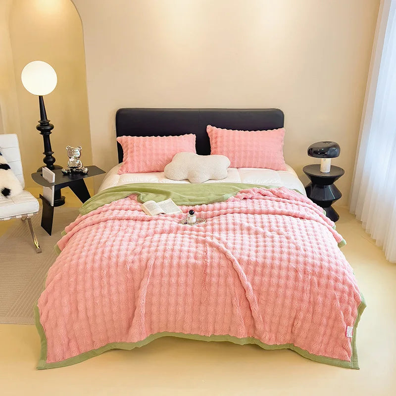 DecorBites™ Cartoon Printed Faux Rabbit Plush Thick Blanket for Office Nap and Sofa Warmth