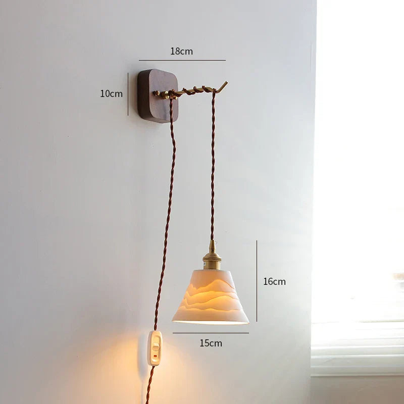 DecorBites™ LED Wall Sconce Modern Japan Style Ceramic Lampshade Wooden Base Light