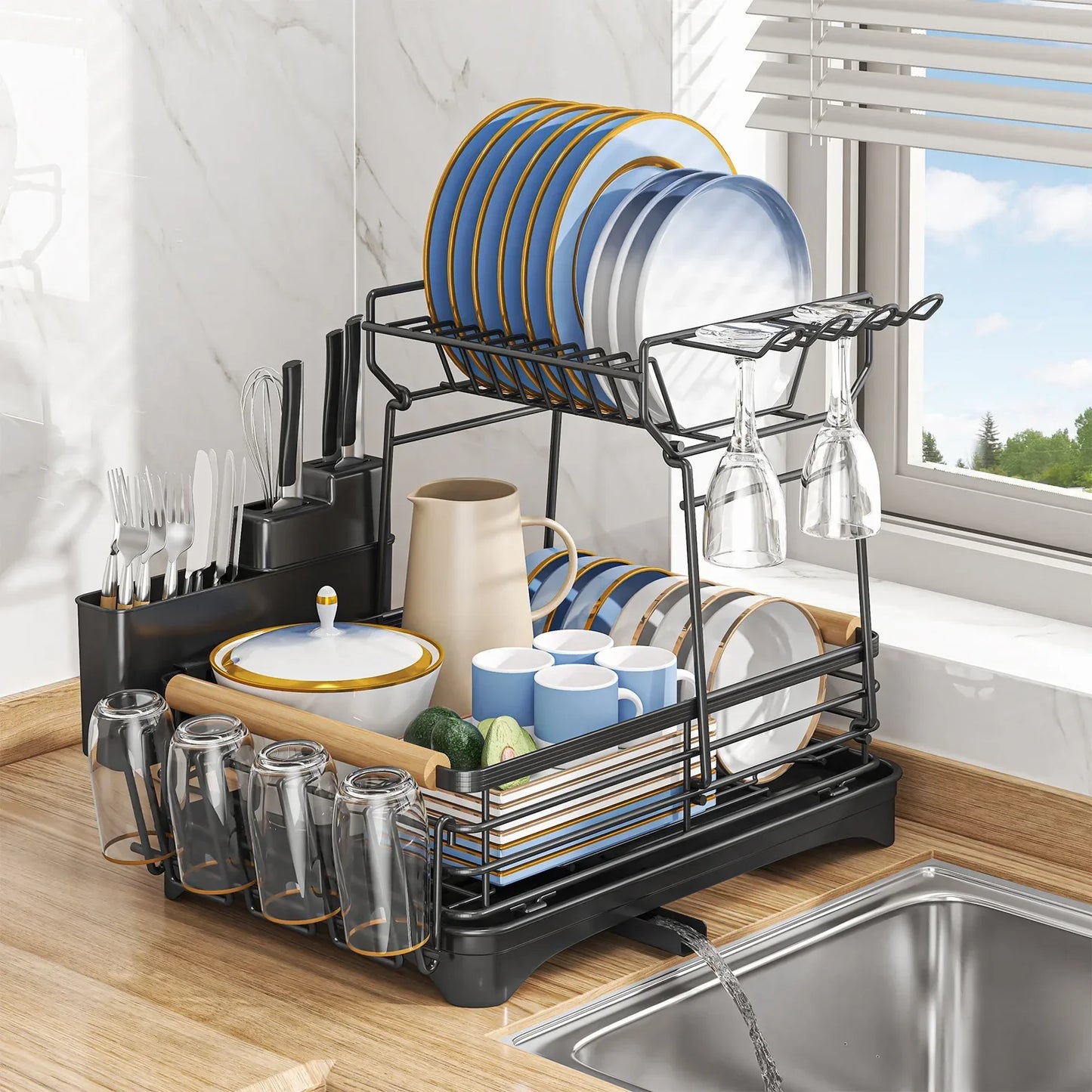 DecorBites™ Kitchen Utensil Drainer Rack with Chopstick Cage and Drainboard