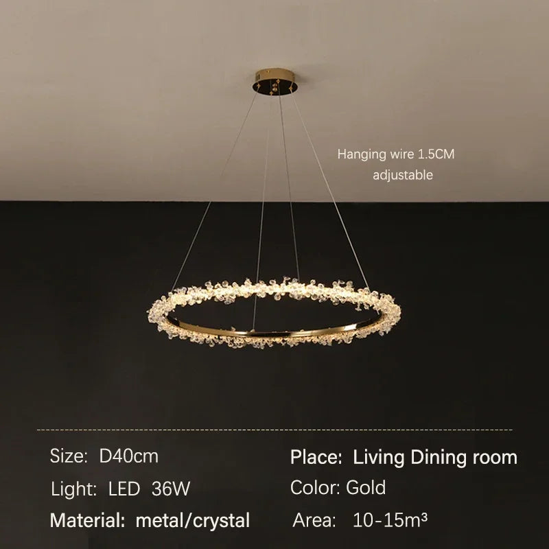 DecorBites™ Golden Round Crystal Chandelier | Nordic Luxury LED Halo Chandelier for Living Room