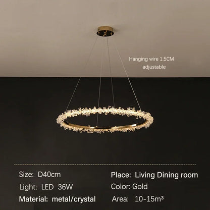 DecorBites™ Golden Round Crystal Chandelier | Nordic Luxury LED Halo Chandelier for Living Room