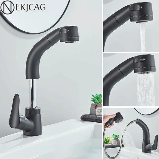 DecorBites™ Black Basin Faucet: Pull Out Sink Mixer Tap with 360° Rotation and Hot&Cold Sprayer