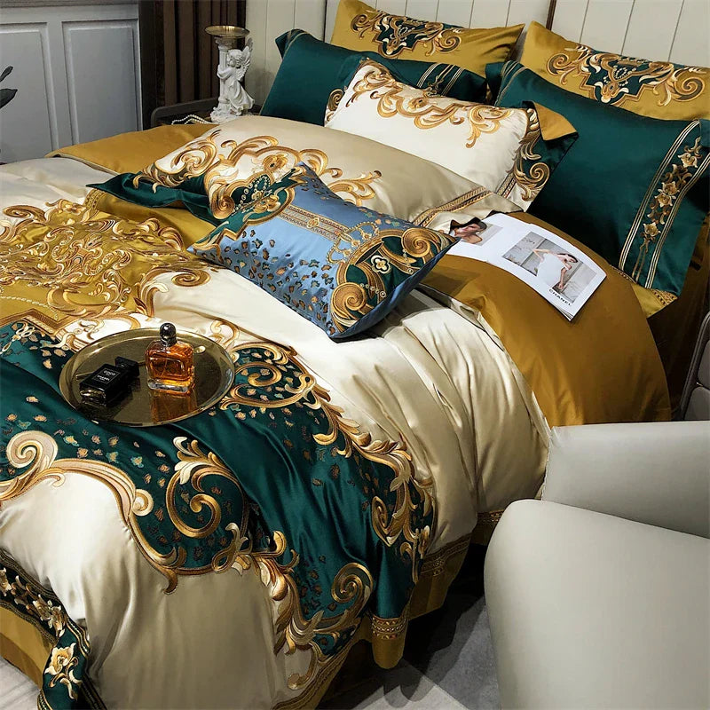 Decobites Luxe Vintage Brocade Cotton Gold Embroidered Bedding Set