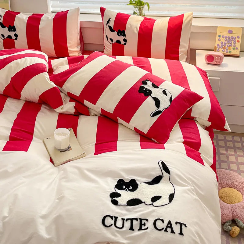 DecorBites™ Cat Embroidery Stripes Bedding Set - Single Queen Size Bedclothes