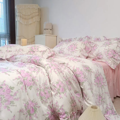 Decobites French Rose Flowers Print Lace Ruffles Cotton Bedding Set - Duvet, Bed Skirt, Sheets & Pillowcases