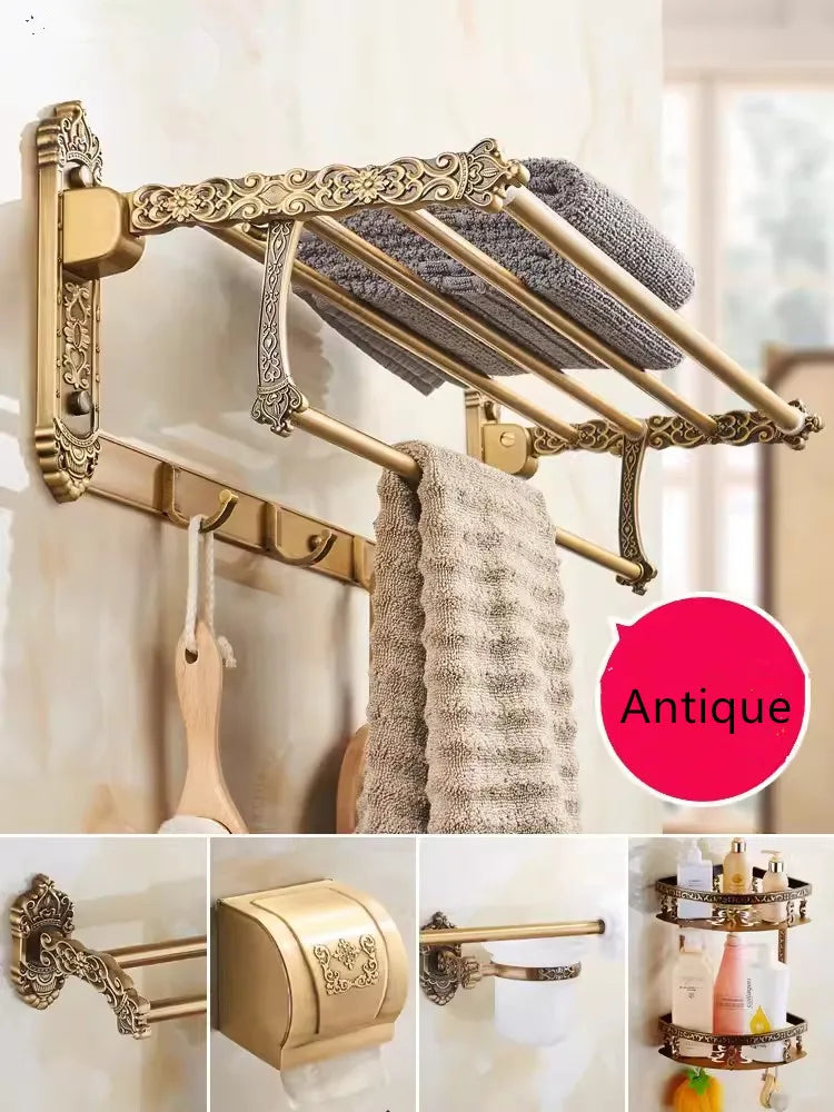 DecorBites™ Bronze Carved Bath Accessories Set: Shelf, Towel Rack, Paper Holder, Toilet Brush Holder