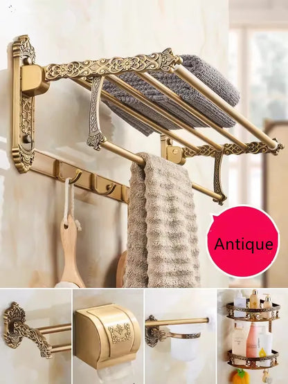 DecorBites™ Bronze Carved Bath Accessories Set: Shelf, Towel Rack, Paper Holder, Toilet Brush Holder