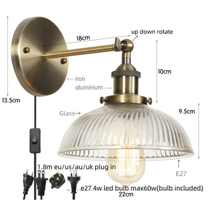 Decorbites™ Glas-Industrie-LED-Wandleuchte mit Zugschalter, Vintage-Nachttischlampe
