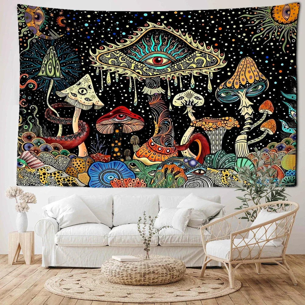 Decobites Colorful Eyes Mushroom Forest Tapestry Wall Hanging Art - Fantasy Abstract Home Decor