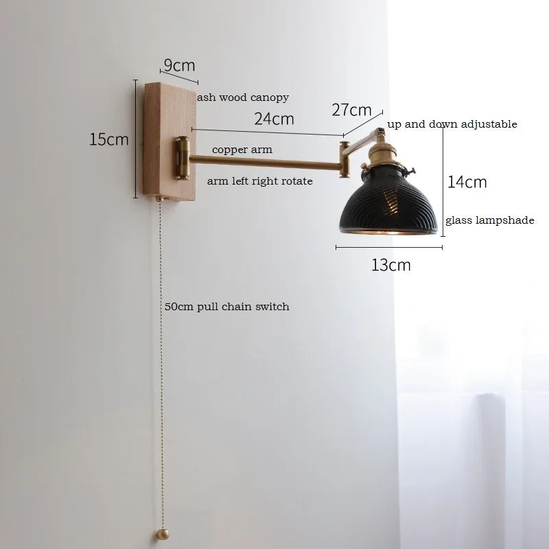 DecorBites™ Clear Glass Copper LED Wall Light with Pull Chain Switch & Walnut Wood Canopy