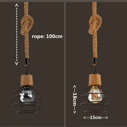 Vintage Hemp Rope Iron Pendant Light in Black