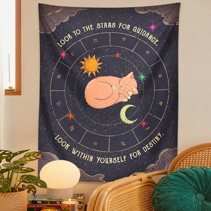 Decobites Tarot Cat Zodiac Astrology Sun Moon Wall Hanging Tapestry for Home Decor