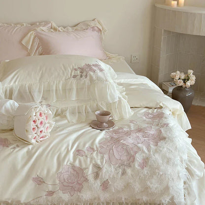 Decobites Luxury Princess Wedding Bedding Set with Flowers Embroidery & Lace Ruffles