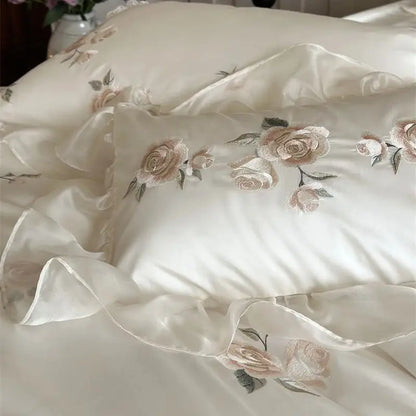 Decobites Rose Flowers Embroidery Lace Ruffles Wedding Bedding Set, 1000TC Egyptian Cotton