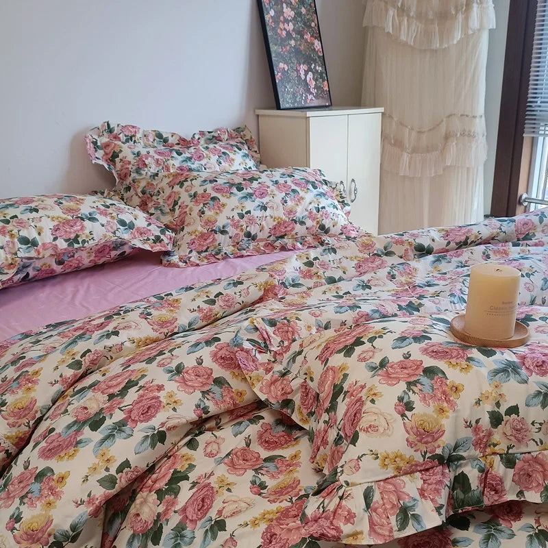 Decobites Vintage Rose Flowers Lace Ruffles Cotton Girl Bedding Set - 1 Duvet, 1 Sheet, 2 Pillowcases