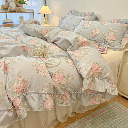 DecorBites™ Korean Princess Floral Print Bedding Set in Washed Cotton for Girls