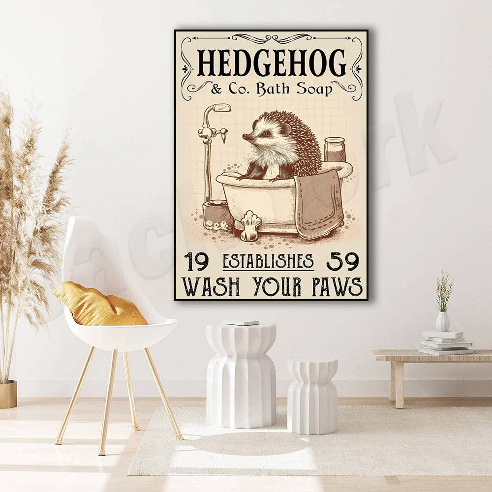 DecorBites™ Hedgehog Bath Soap Paws Poster - Funny Bathroom Decor