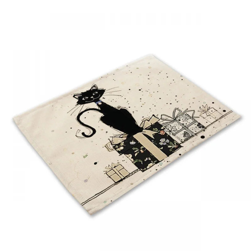 DecorBites™ Black Cat Linen Placemat Set for Dining Table & Kitchen Decor