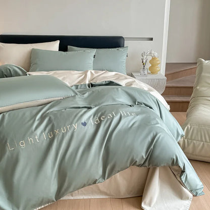 DecorBites™ 120S Long Staple Cotton Satin Embroidery Bedding Set - Solid Color Twin Full Double Comforter