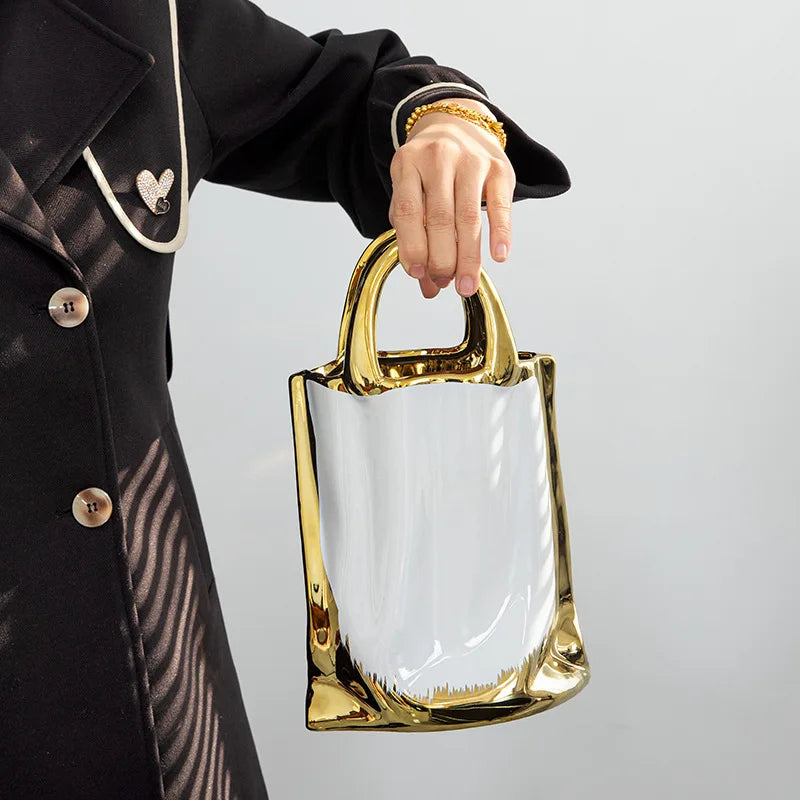 Jarrón Bolso de Oro Decorbites™: Arreglo Floral Cerámico Creativo Terrario para Decoración del Hogar