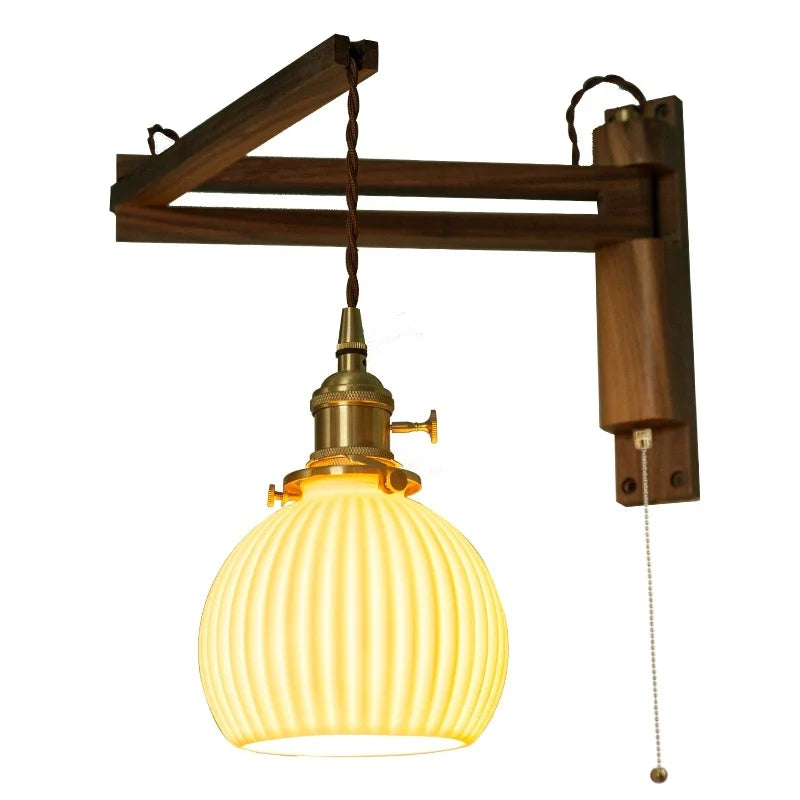 DecorBites™ Ceramic LED Wall Sconce Walnut Wood Copper Pull Chain Switch Light