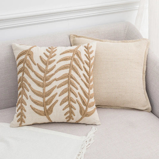 DecorBites™ Linen Embroidery Leaves Cushion Cover 45x45cm Beige Green Aesthetic Throw Pillow