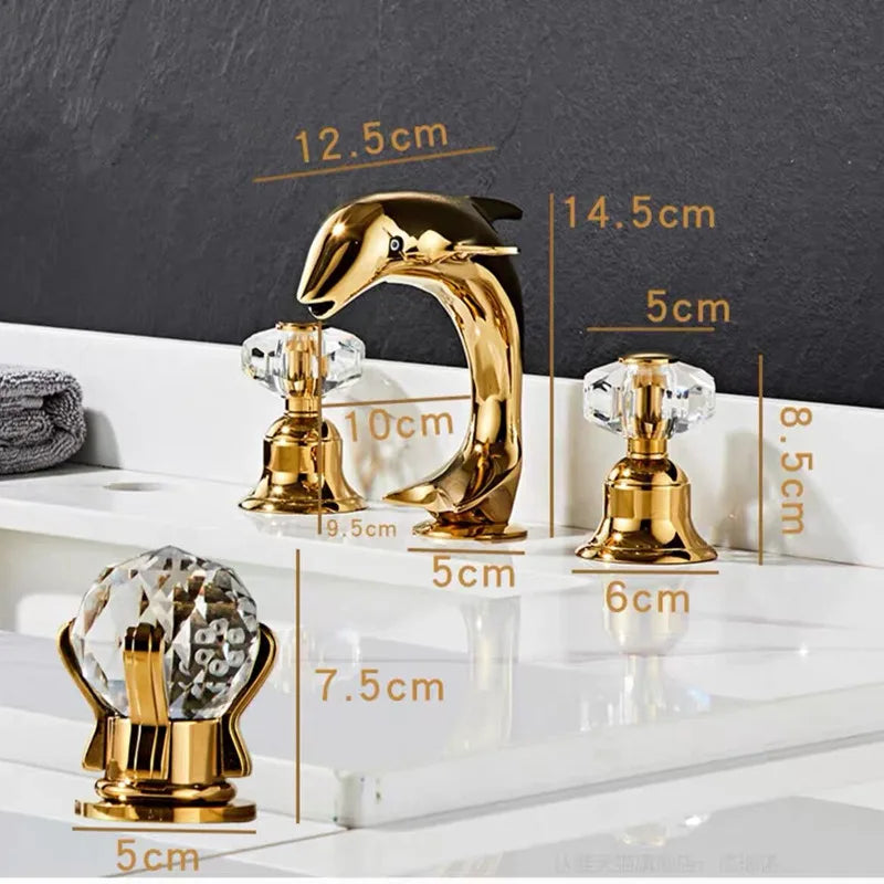 Grifo de Lavabo de Latón Níquel Delfín de la Marca Decorbites™ Gold Basin: Grifo de Lavabo de Baño, 3 Agujeros de Montaje Amplio