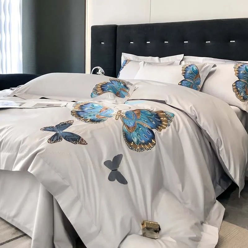 DecorBites™ Butterfly Embroidery Bedding Set: King/Queen/Ru Size Bed Linens, Sheet, Pillowcase, Comforter Cover