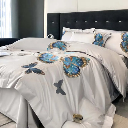 DecorBites™ Butterfly Embroidery Bedding Set: King/Queen/Ru Size Bed Linens, Sheet, Pillowcase, Comforter Cover