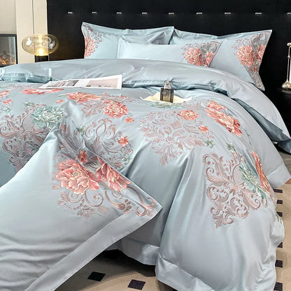 Decobites Luxury Flowers Embroidery Cotton Bedding Set - Queen King Size