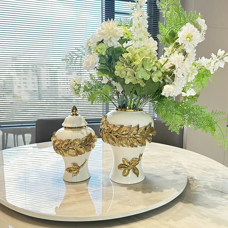 DecorBites™ Golden Leaves Ceramic Flower Vase with Hand-embossed Flowers for Flower Arrangement