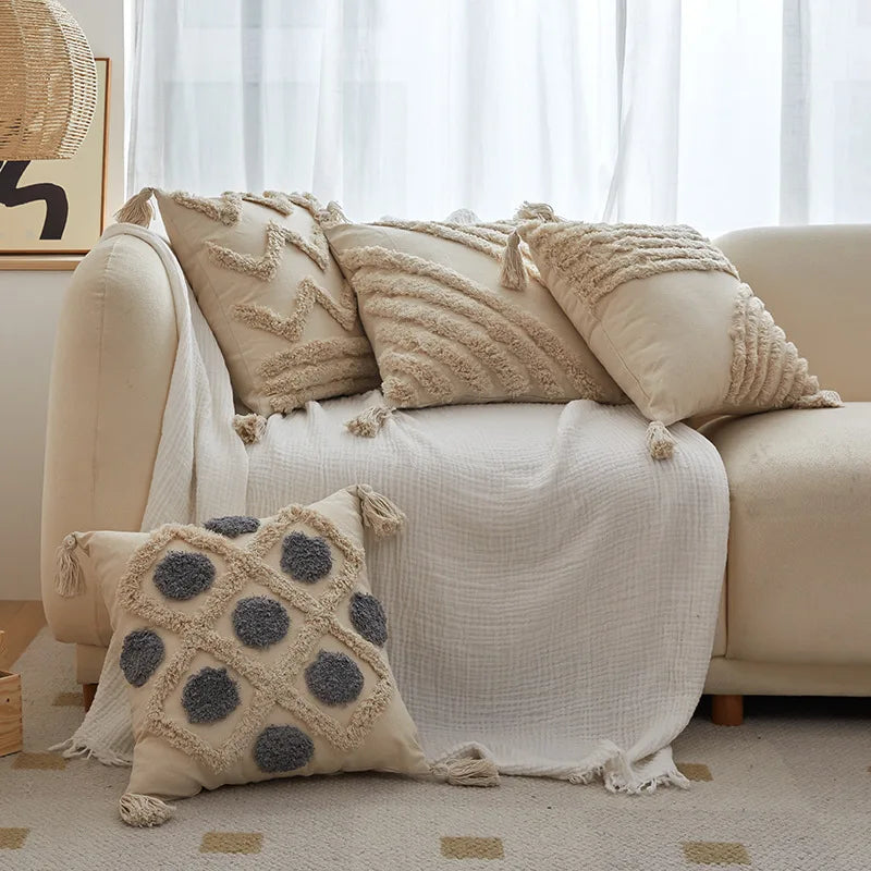 غطاء وسادة DecorBites™‎ بتصميم هندسي مزخرف بشراشيب، غطاء وسادة خريفي من قماش قطني