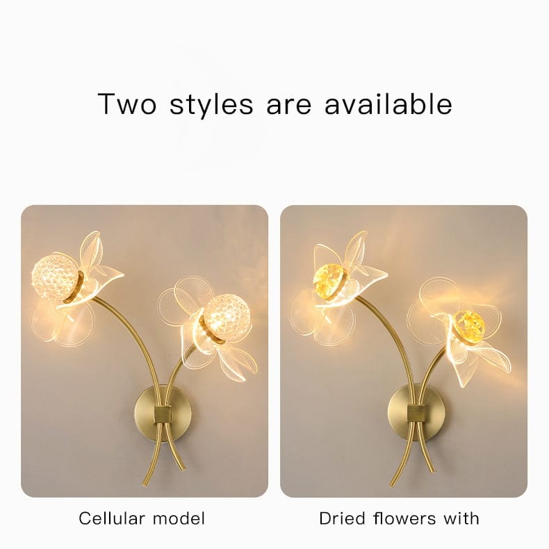 Creative floral decorative gold led wall lamp featuring a gold-toned wall sconce with two delicate flower designs and translucent textured glass globes for bedroom use.