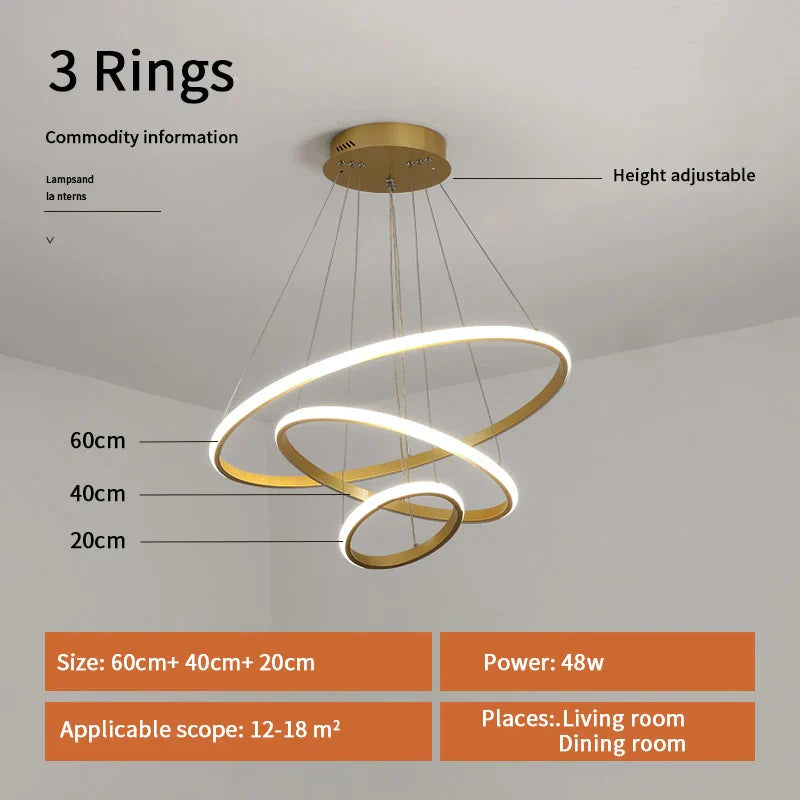 DecorBites™ Gold Circle Rings Chandelier LED Pendant Light for Living Room, Kitchen, Dining Room