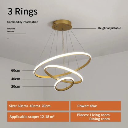 DecorBites™ Gold Circle Rings Chandelier LED Pendant Light for Living Room, Kitchen, Dining Room