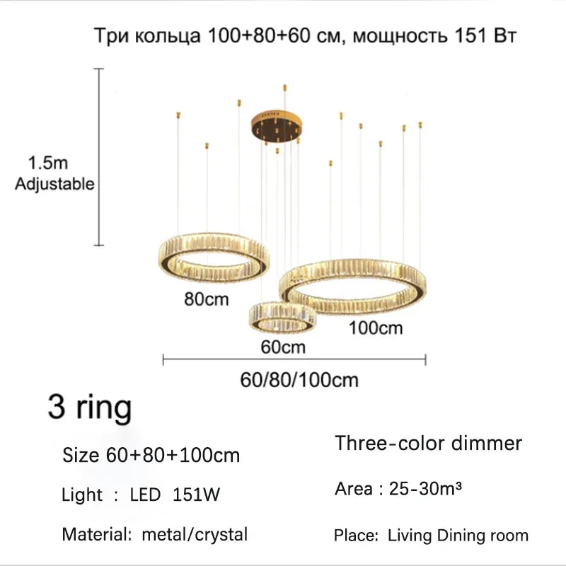 DecorBites™ Golden Crystal Chandelier: Nordic Modern Luxury LED Hanging Halo for Living Room