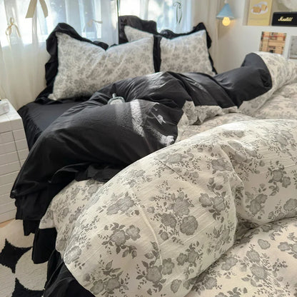 Juego de funda nórdica DecorBites™ de algodón lavado francés con estampado floral de princesa - Ropa de cama floral de primavera