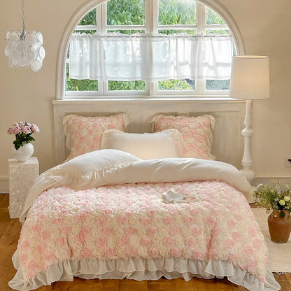 Decobites Luxe Rose Lace Ruffles Princess Bedding Set - 4Pcs