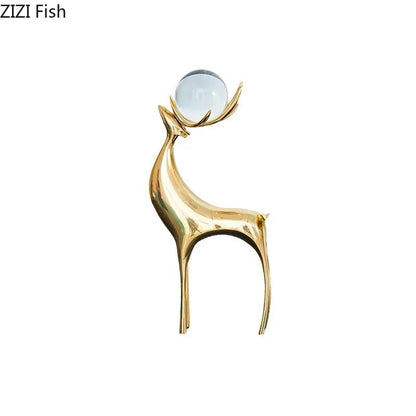 DecorBites™ Brass Deer Statue Desk Ornament - Golden Deer Sculpture for Room Decor