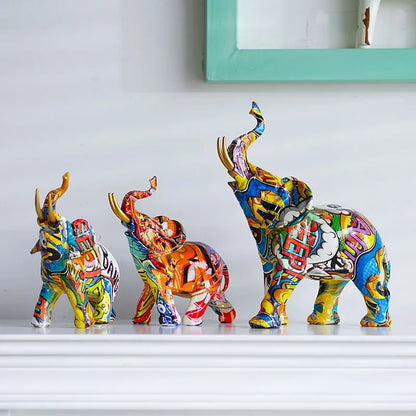 DecorBites™ Elephant Resin Figurine: Graffiti Animal Statue for Home Feng Shui Decor