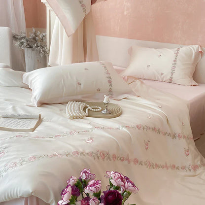 Decobites Rose Flowers Embroidery Bedding Set - Soft Lyocell Cotton, Silky Duvet Cover, Sheet, Pillowcases