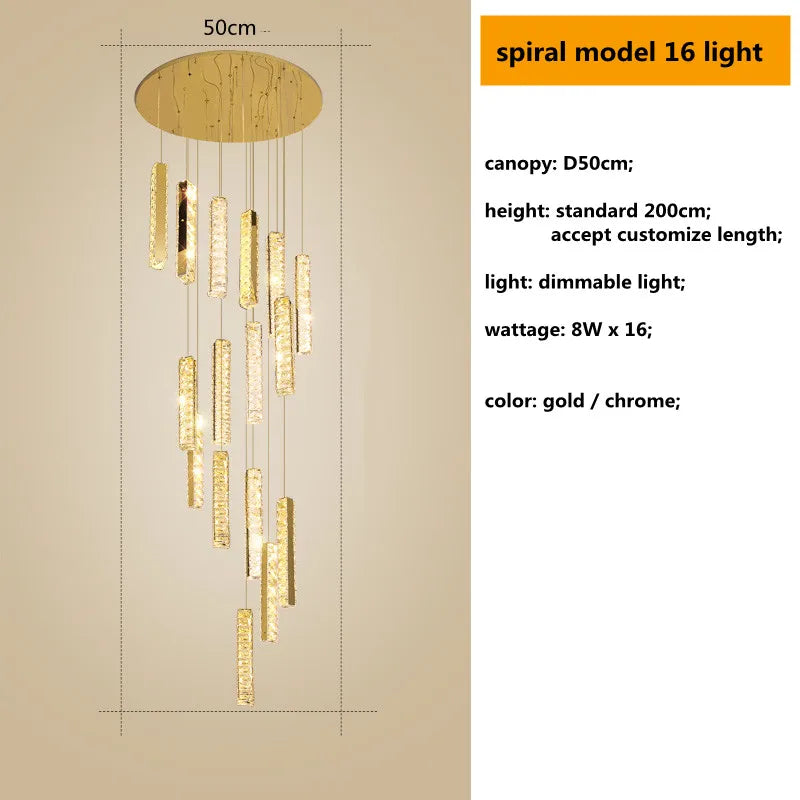 Luces de Lámpara Colgante de Cristal en Acero Cromo Dorado Decorbites™ con LED Regulable para Escalera de Villa