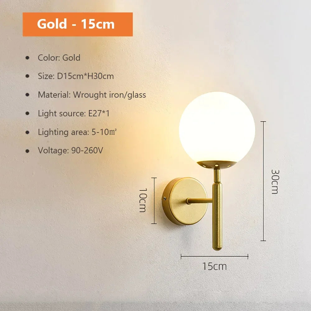 DecorBites™ Glass Shade Gold Wall Lamp Bedroom Bedside Spherical Aisle Light