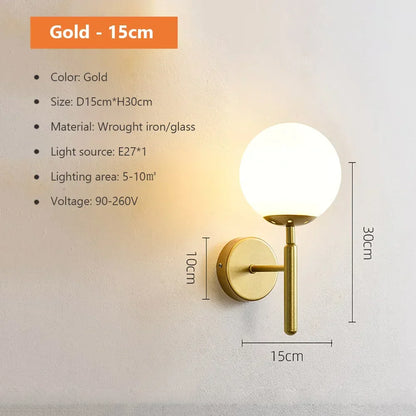 DecorBites™ Glass Shade Gold Wall Lamp Bedroom Bedside Spherical Aisle Light