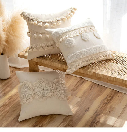 DecorBites™ Beige Tufted Fringed Cushion Cover Cotton Linen Tassel Crochet Pillow Cover