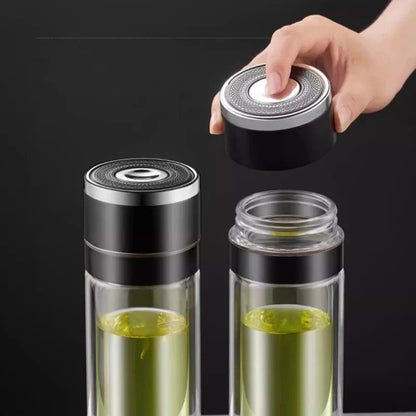 DecorBites™ Insulated Glass Cup: Large Capacity, One-Click Open Lid, Heat-Resistant Double-Layer