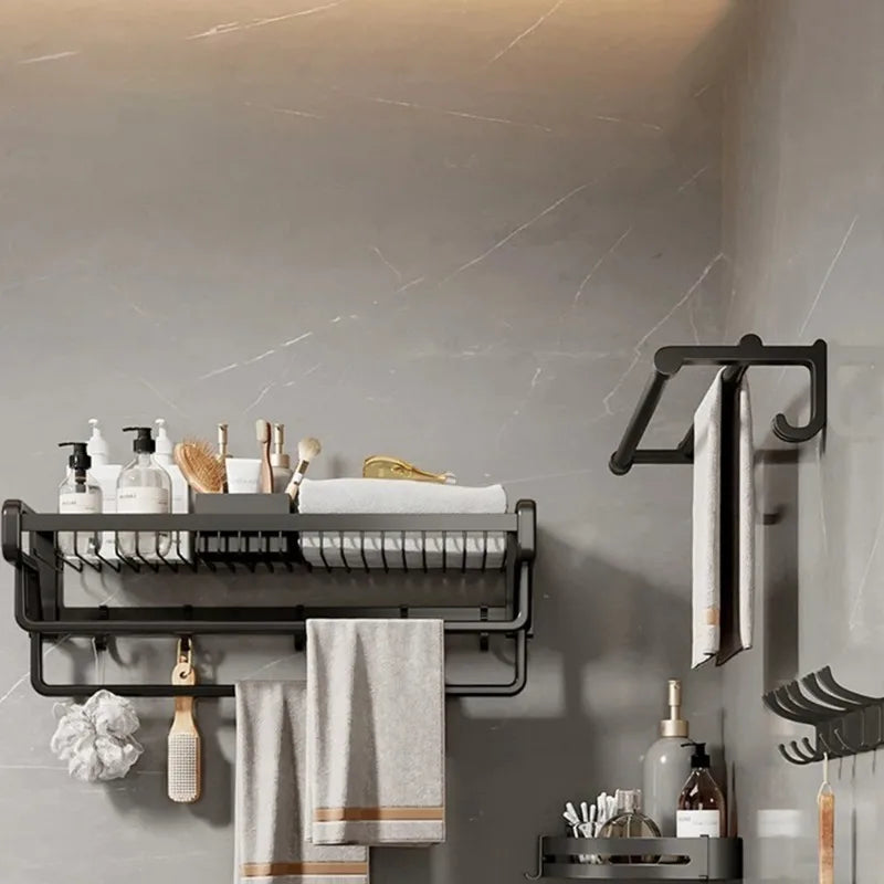 حامل مناشف حمام من الألومنيوم من DecorBites™ مع خطاف وسلة تخزين